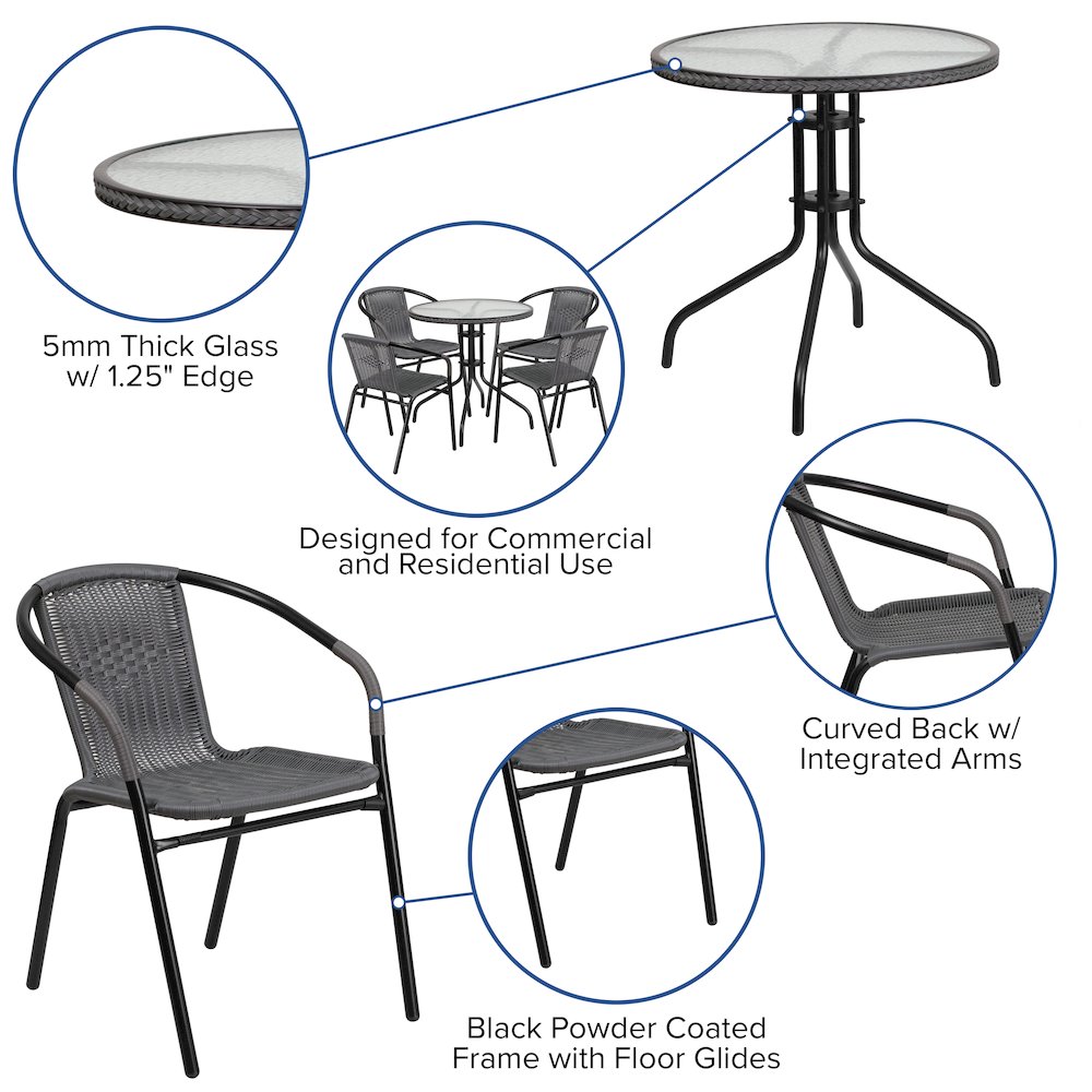 28'' Round Glass Metal Table with Gray Rattan Edging and 4 Gray Rattan Stack Chairs. Picture 4