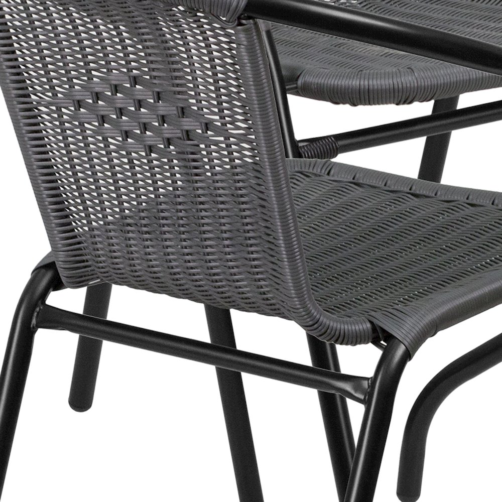 28'' Round Glass Metal Table with Gray Rattan Edging and 4 Gray Rattan Stack Chairs. Picture 6