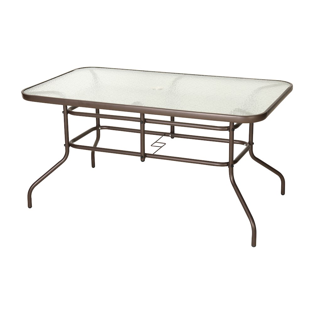 31.5" x 55" Bronze Rectangular Tempered Glass Metal Table with Umbrella Hole. Picture 1