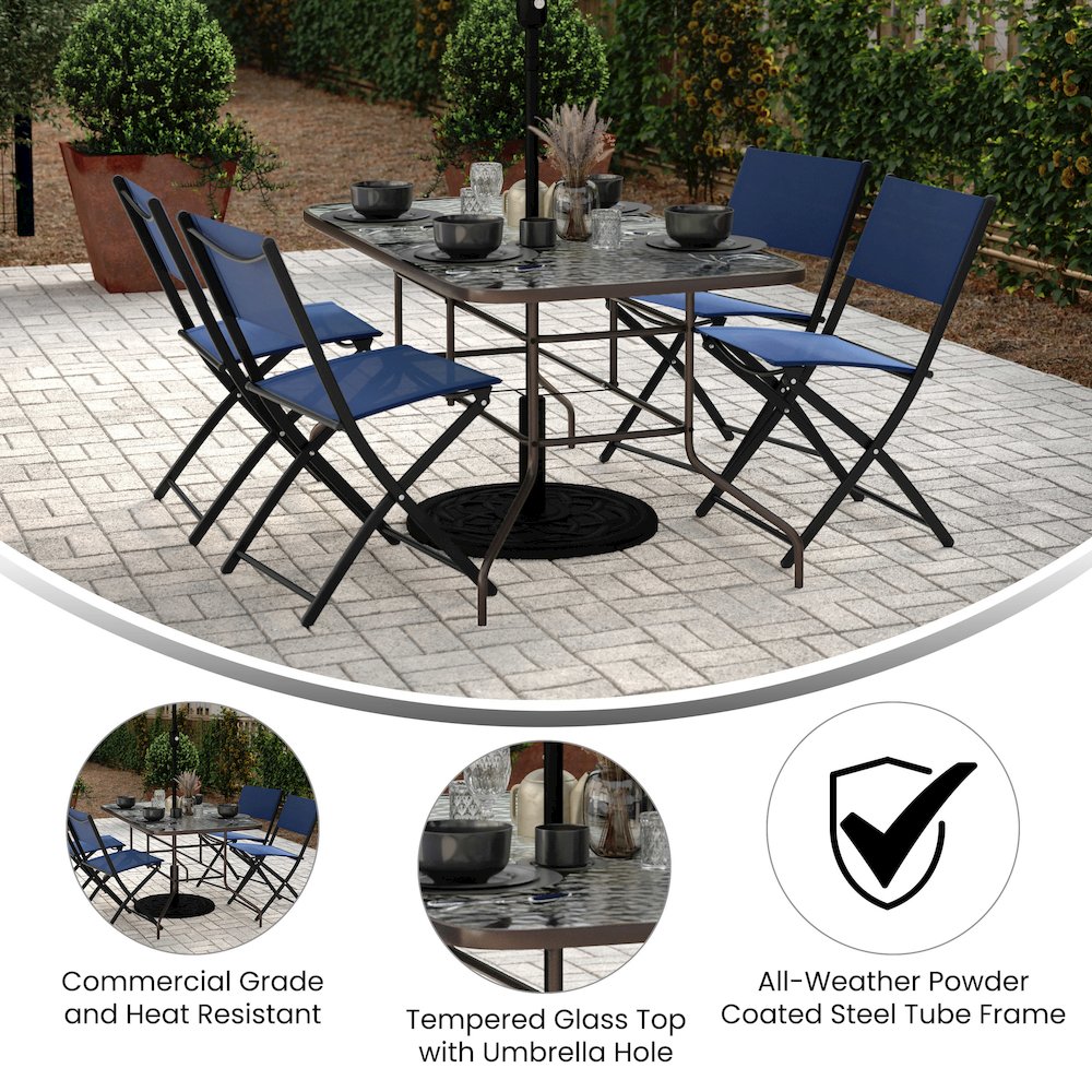 31.5" x 55" Bronze Rectangular Tempered Glass Metal Table with Umbrella Hole. Picture 4