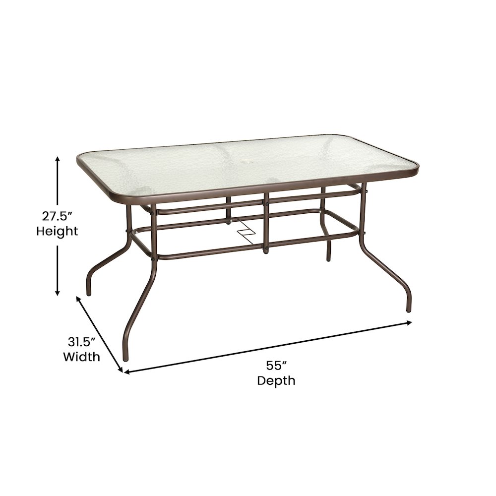 31.5" x 55" Bronze Rectangular Tempered Glass Metal Table with Umbrella Hole. Picture 5