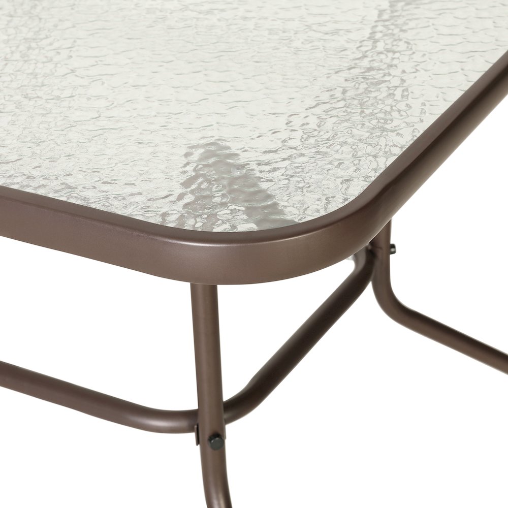 31.5" x 55" Bronze Rectangular Tempered Glass Metal Table with Umbrella Hole. Picture 6