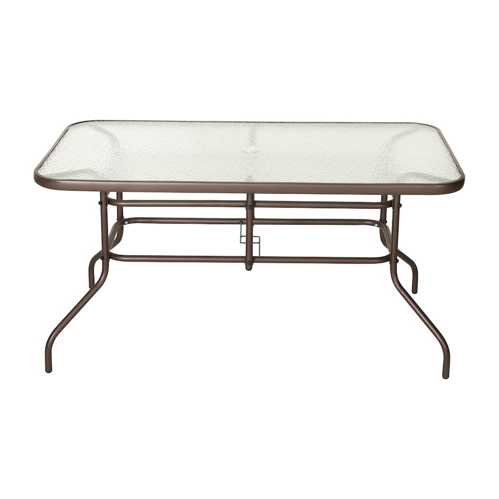 31.5" x 55" Bronze Rectangular Tempered Glass Metal Table with Umbrella Hole. Picture 8