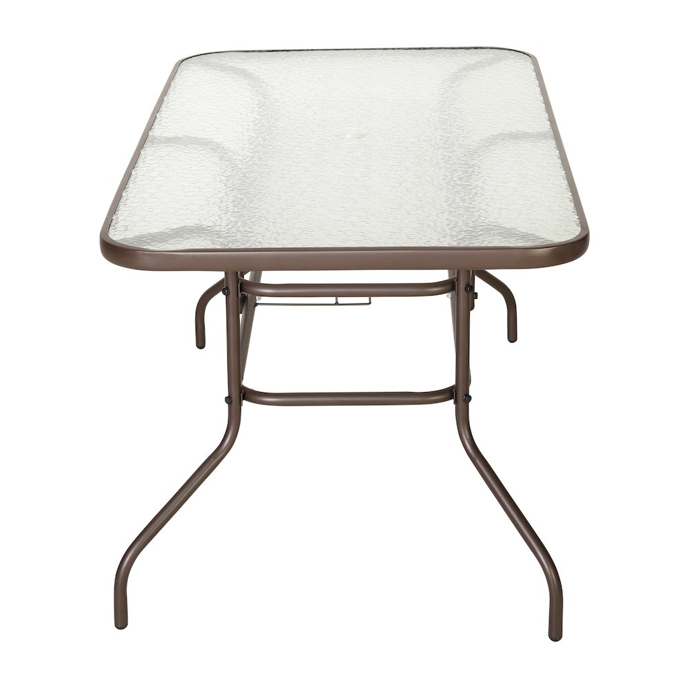 31.5" x 55" Bronze Rectangular Tempered Glass Metal Table with Umbrella Hole. Picture 7