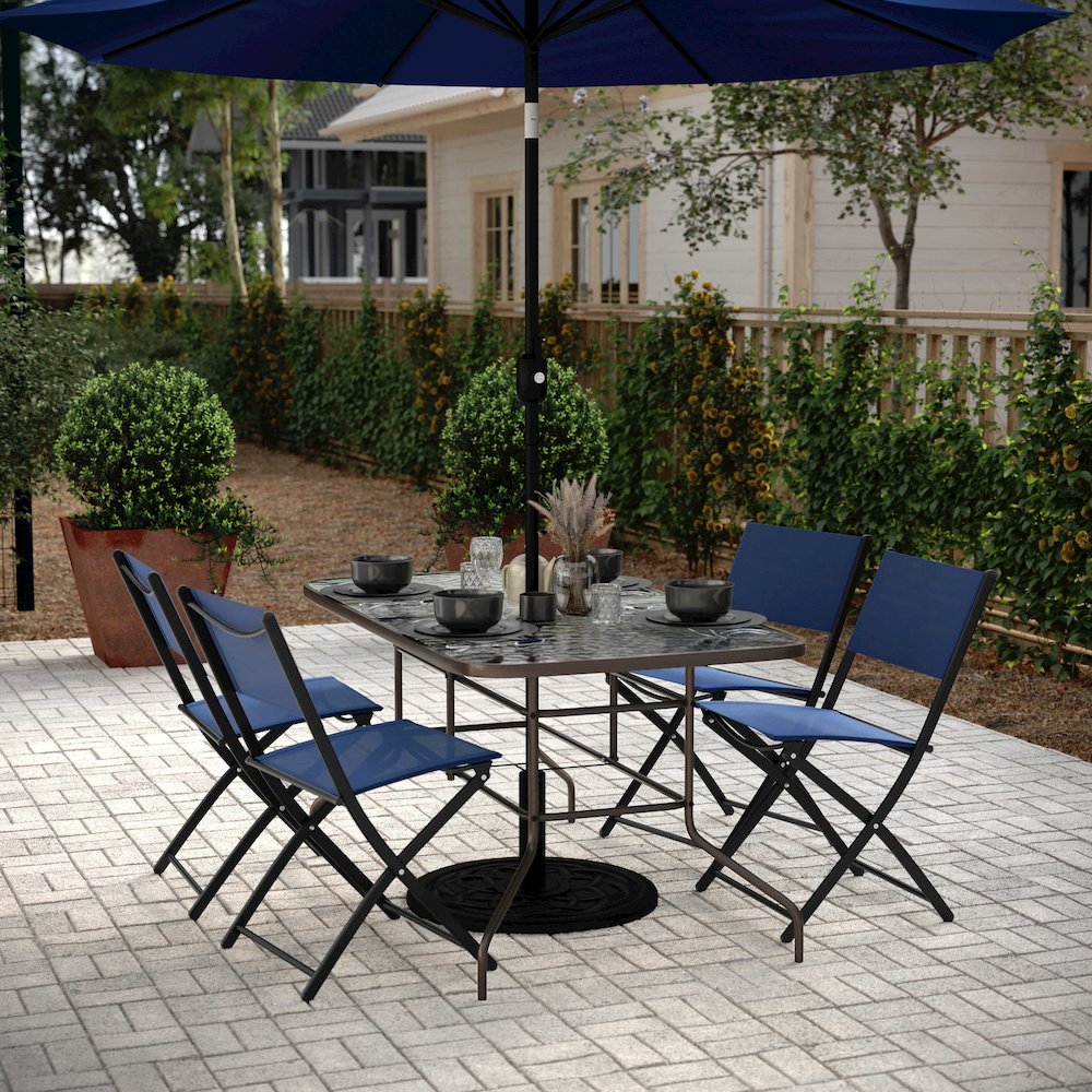 31.5" x 55" Bronze Rectangular Tempered Glass Metal Table with Umbrella Hole. Picture 3