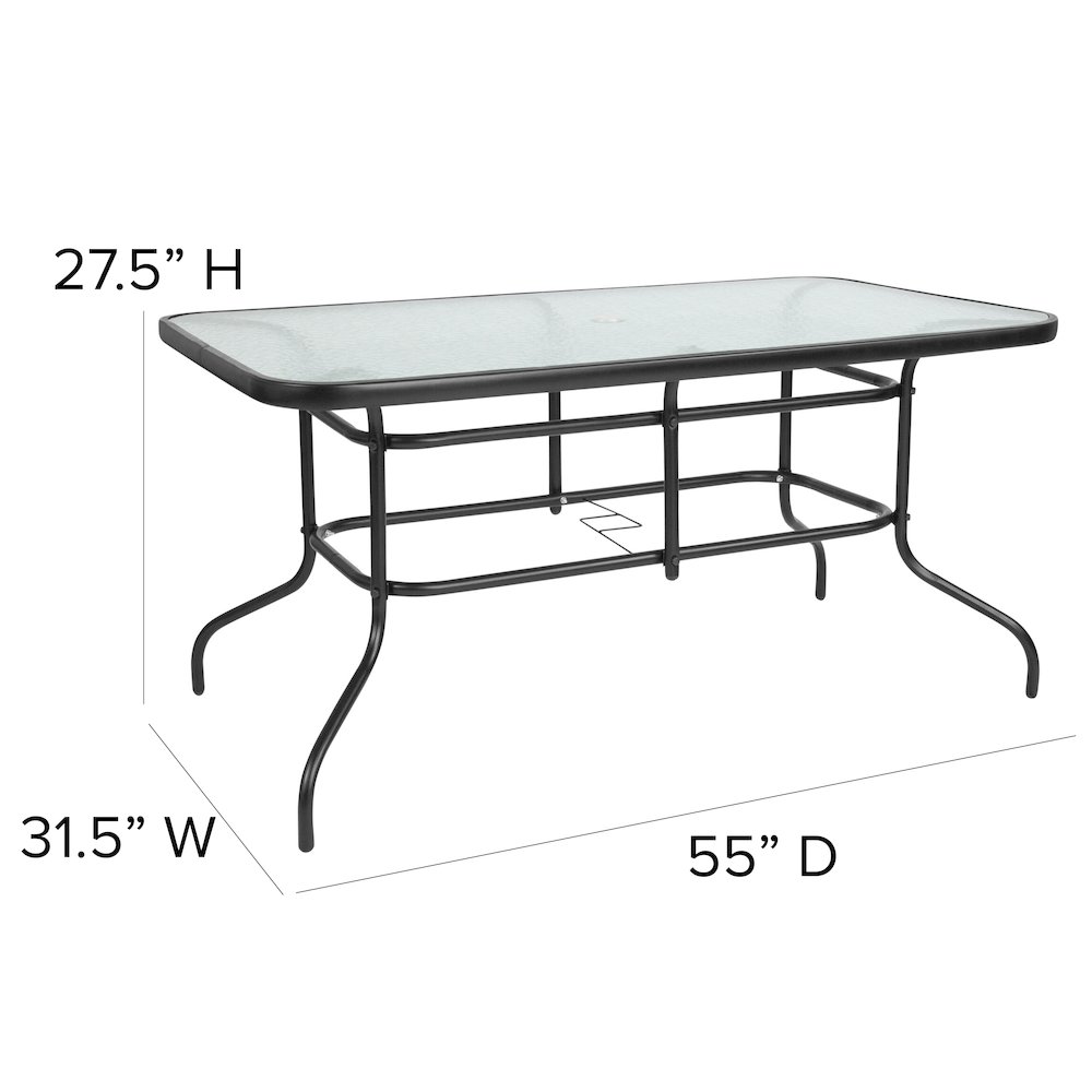 31.5" x 55" Rectangular Tempered Glass Metal Table with Umbrella Hole. Picture 6