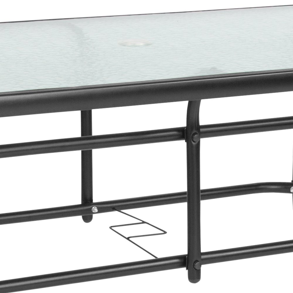31.5" x 55" Rectangular Tempered Glass Metal Table with Umbrella Hole. Picture 9