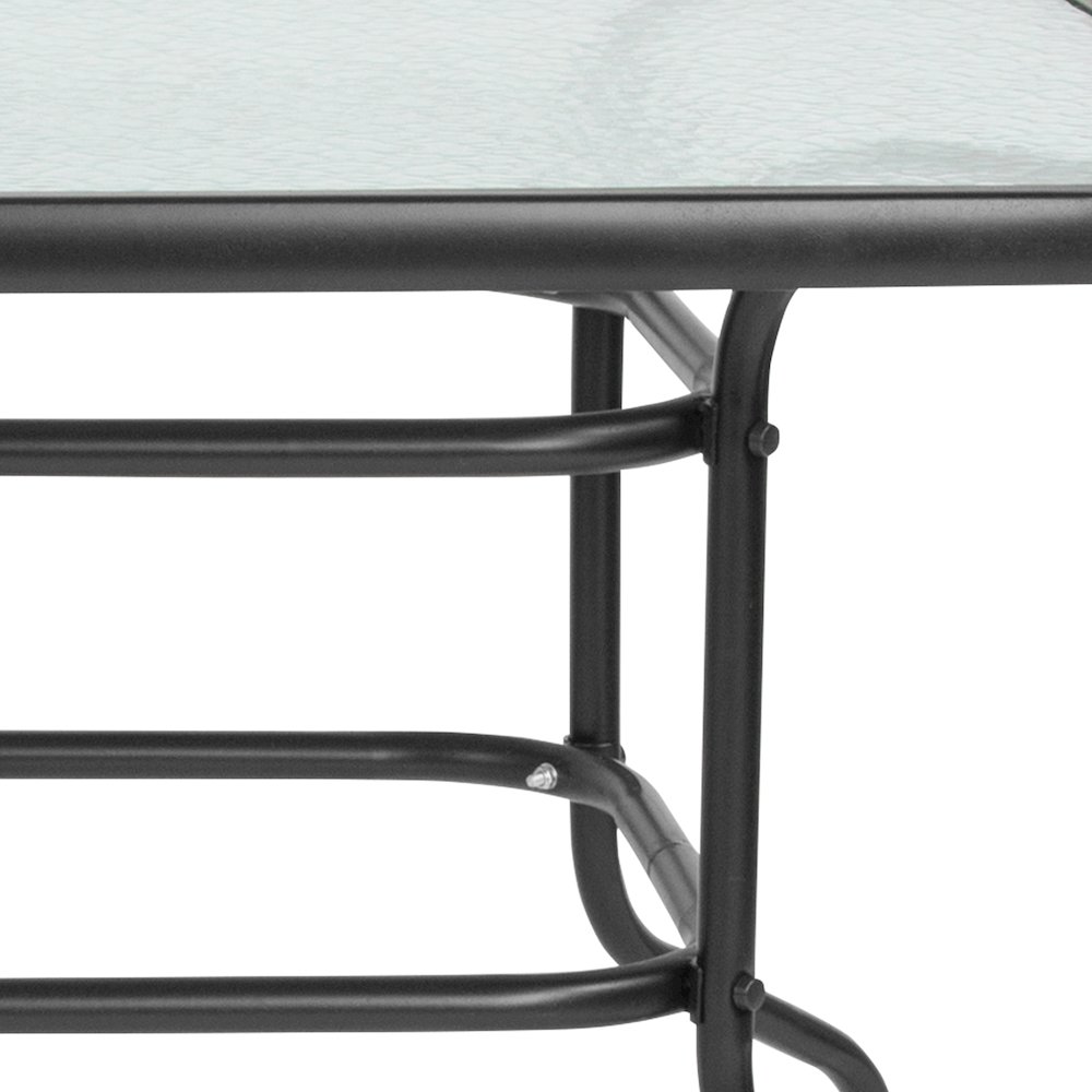 31.5" x 55" Rectangular Tempered Glass Metal Table with Umbrella Hole. Picture 7