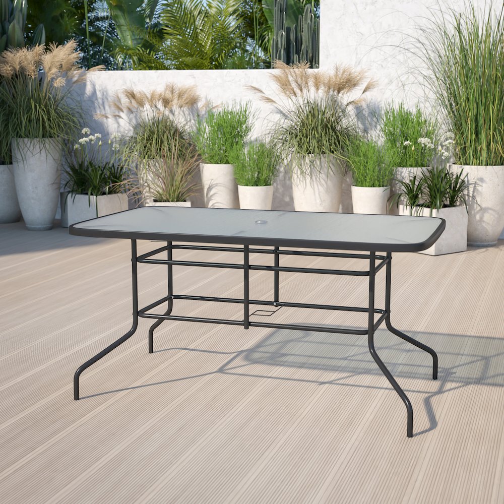 31.5" x 55" Rectangular Tempered Glass Metal Table with Umbrella Hole. Picture 2