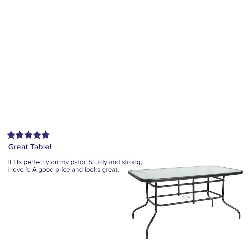 31.5" x 55" Rectangular Tempered Glass Metal Table with Umbrella Hole. Picture 4