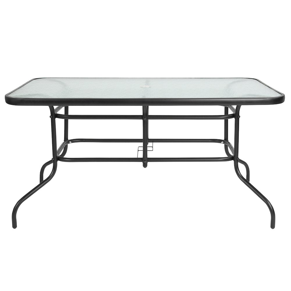 5 Piece Set - 55" Tempered Glass Patio Table - 4 Black Metal Chairs. Picture 8