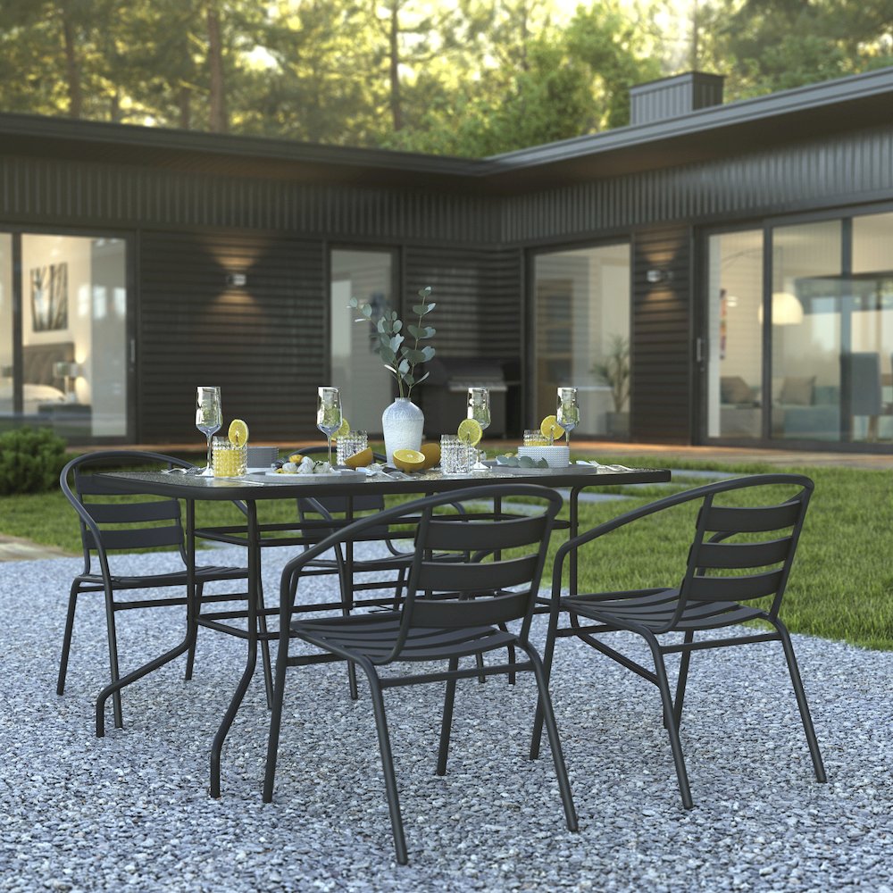 5 Piece Set - 55" Tempered Glass Patio Table - 4 Black Metal Chairs. Picture 2
