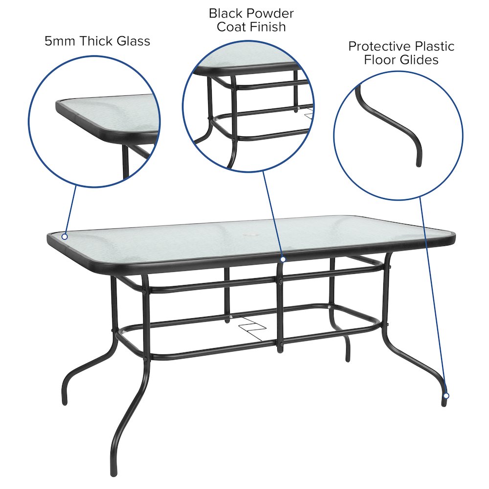7 Piece Set - 55" Tempered Glass Patio Table, 6 Black Metal Chairs. Picture 4