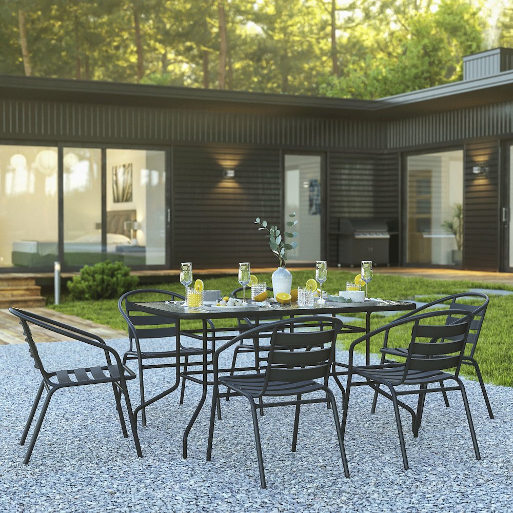 7 Piece Set - 55" Tempered Glass Patio Table, 6 Black Metal Chairs. Picture 2