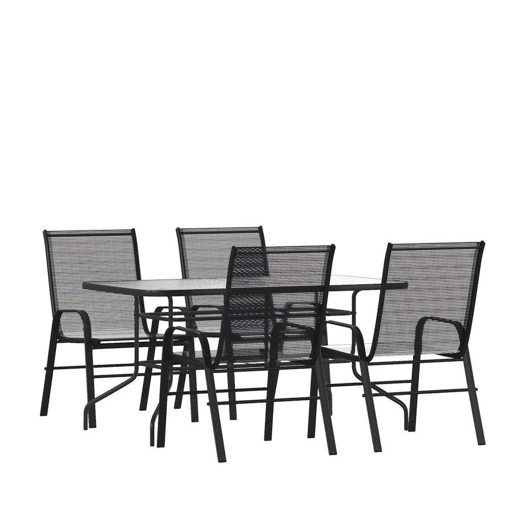 5 Piece Set - 55" Tempered Glass Patio Table, 4 Black Stack Chairs. Picture 1