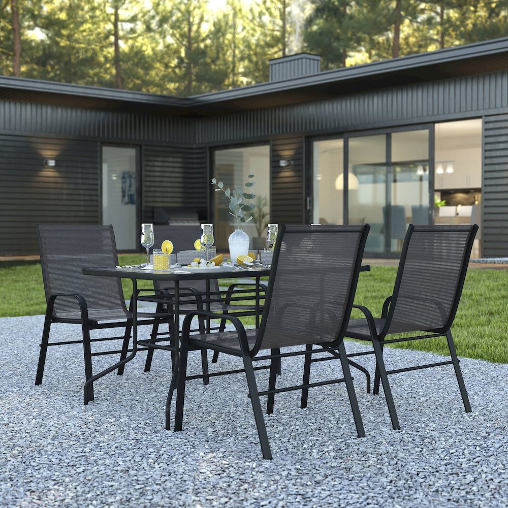 5 Piece Set - 55" Tempered Glass Patio Table, 4 Black Stack Chairs. Picture 2