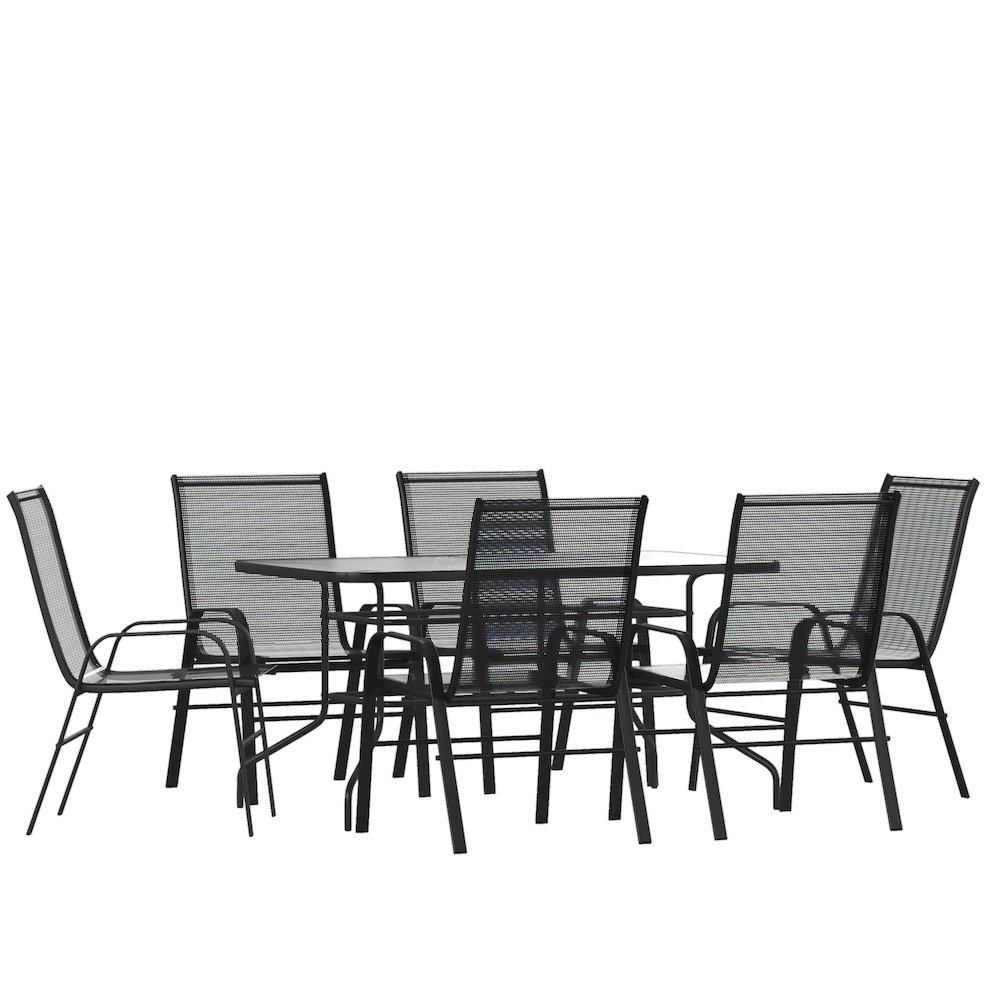 7 Piece Set - 55" Tempered Glass Patio Table, 6 Black Stack Chairs. Picture 1