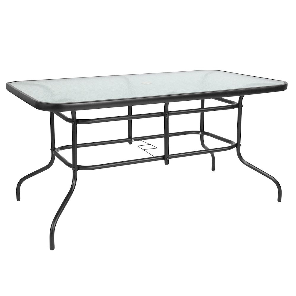 5 Piece Set - 55" Tempered Glass Patio Table, 4 Brown Stack Chairs. Picture 8