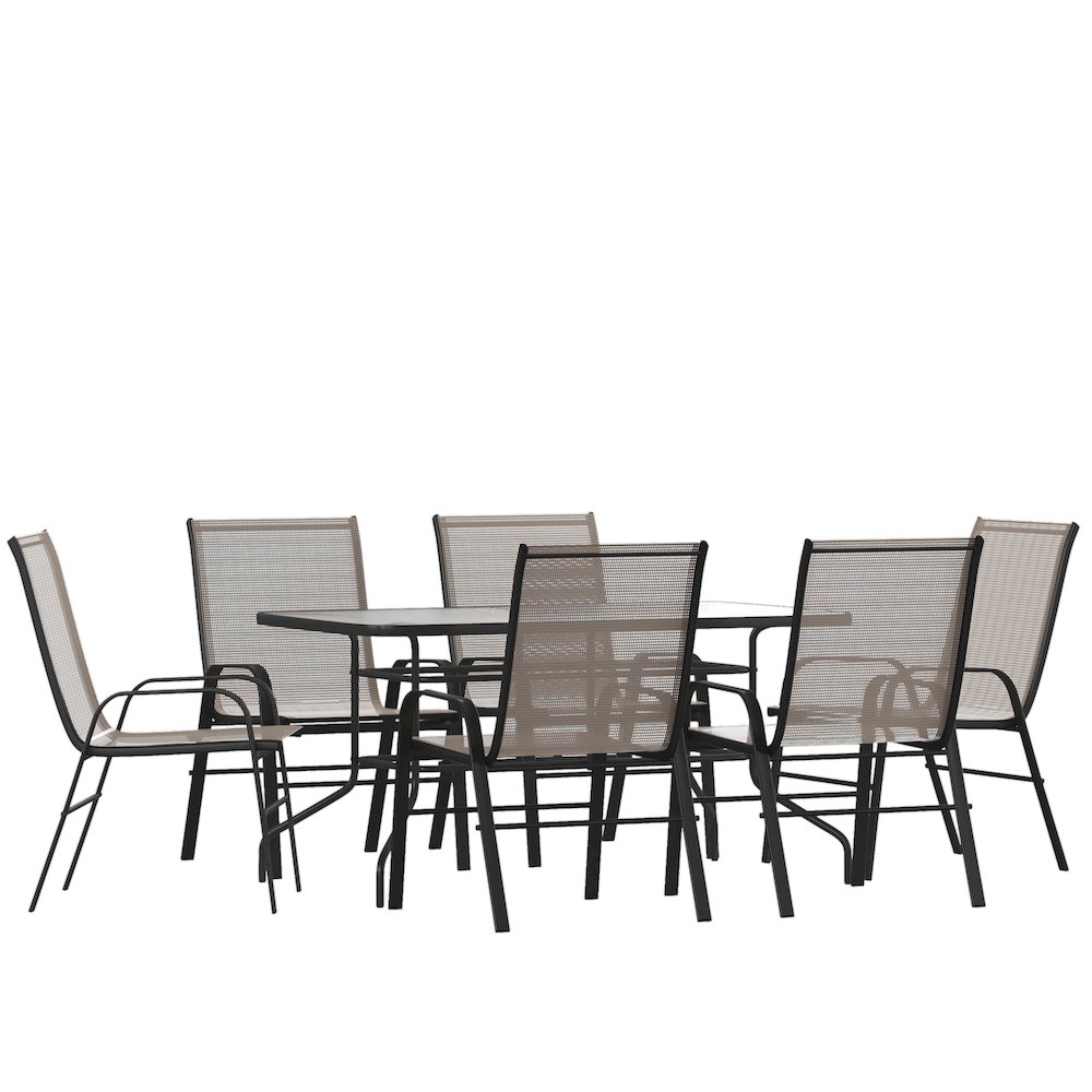 7 Piece Set - 55" Tempered Glass Patio Table, 6 Brown Stack Chairs. Picture 1