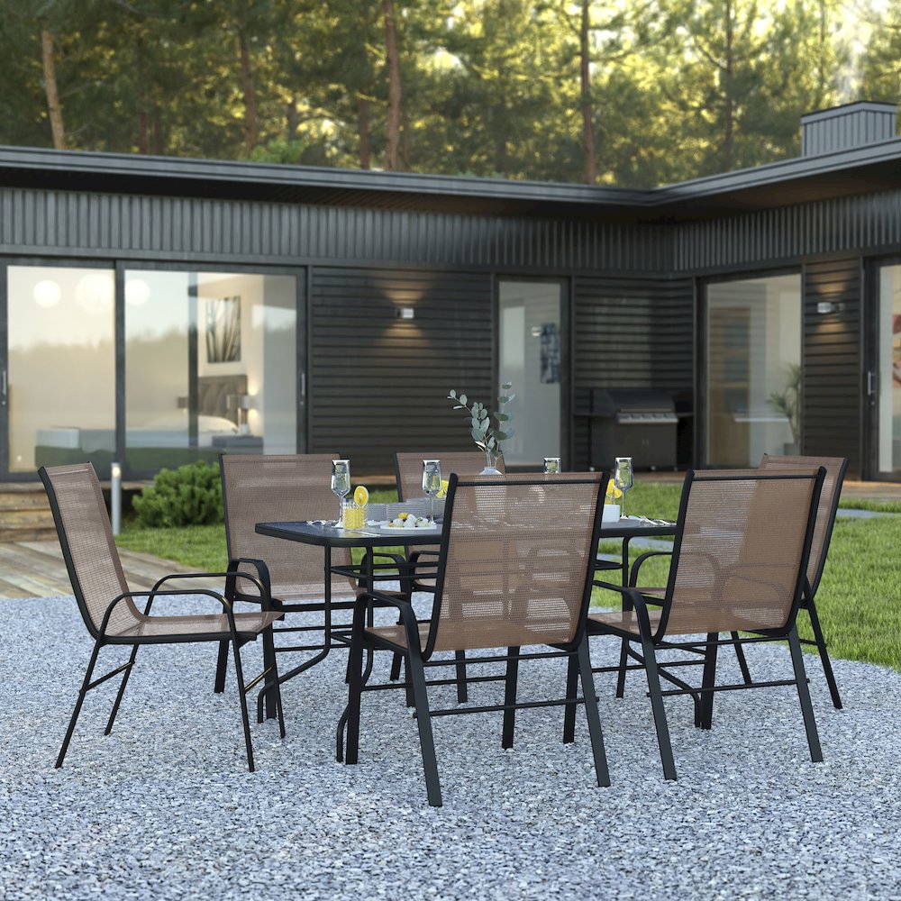 7 Piece Set - 55" Tempered Glass Patio Table, 6 Brown Stack Chairs. Picture 2