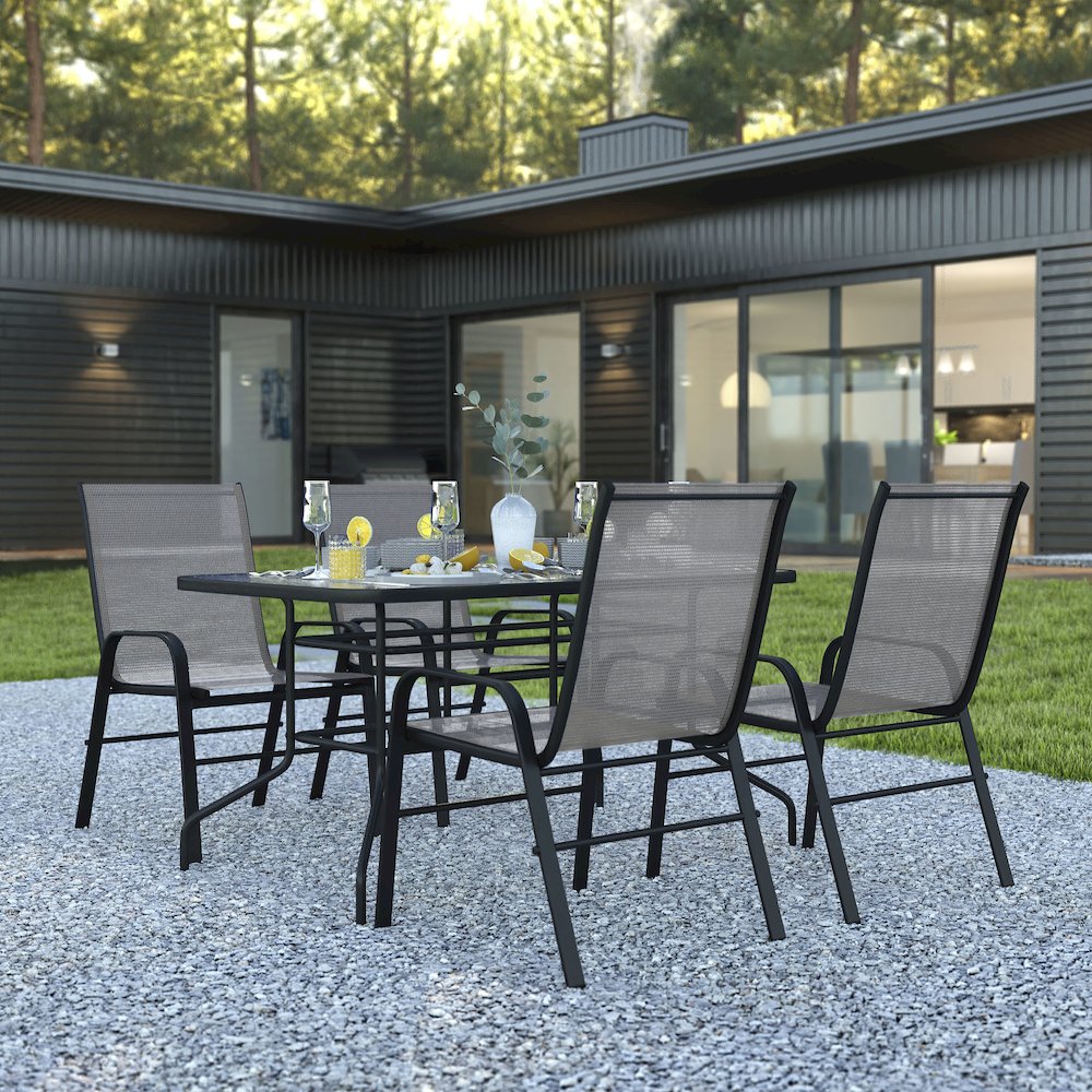5 Piece Set - 55" Tempered Glass Patio Table, 4 Gray Stack Chairs. Picture 2