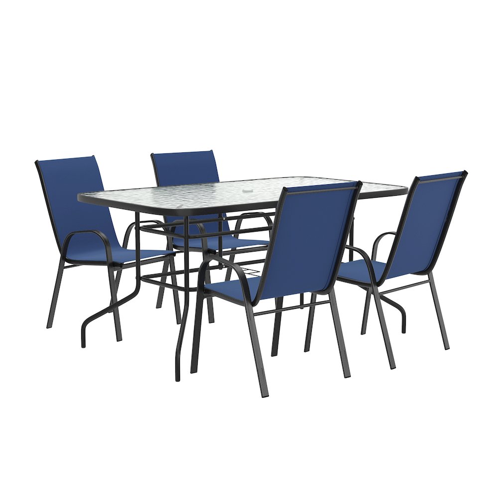 5 Piece Outdoor Patio Dining Set - 55" Patio Table, 4 Navy Stack Chairs. Picture 1