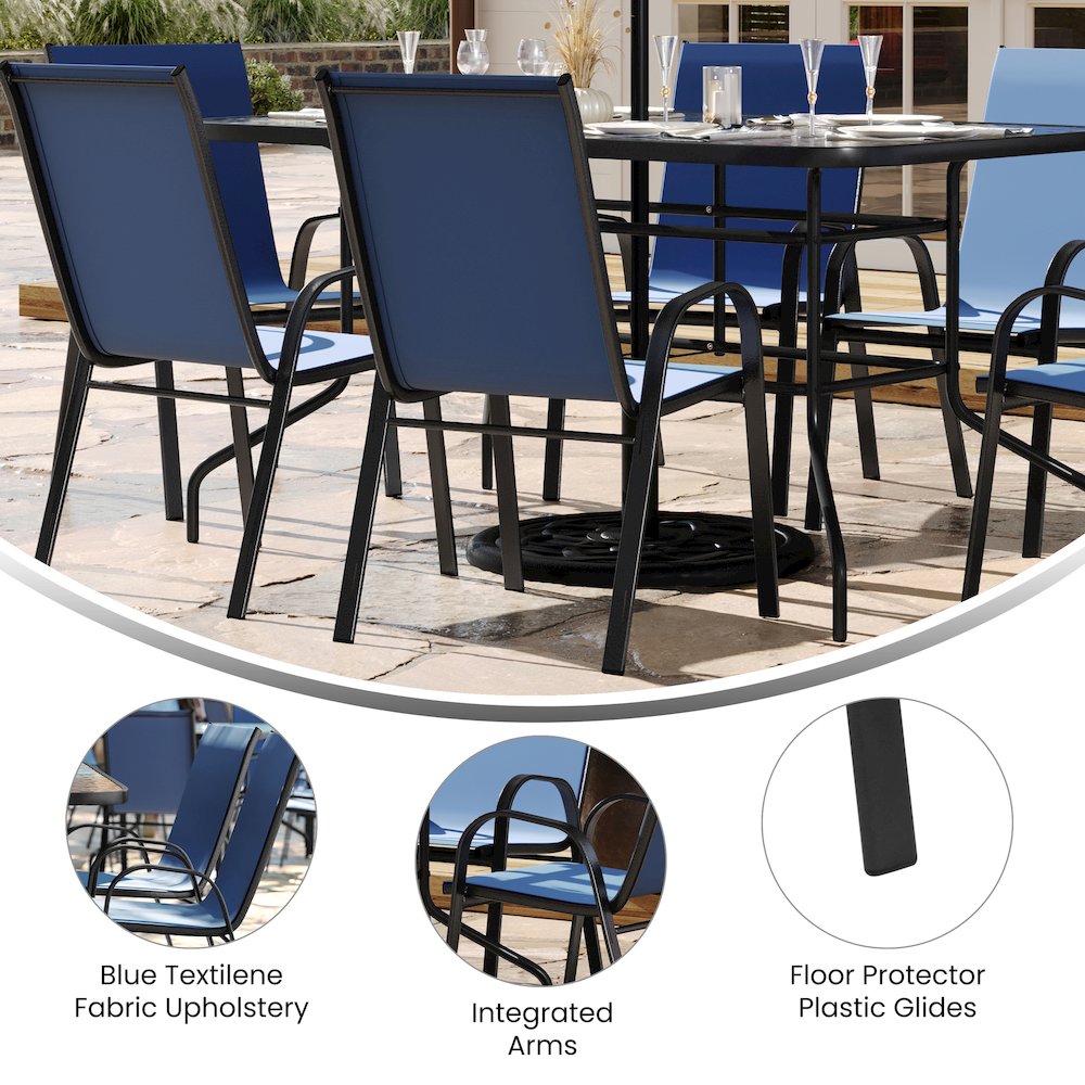 5 Piece Outdoor Patio Dining Set - 55" Patio Table, 4 Navy Stack Chairs. Picture 4