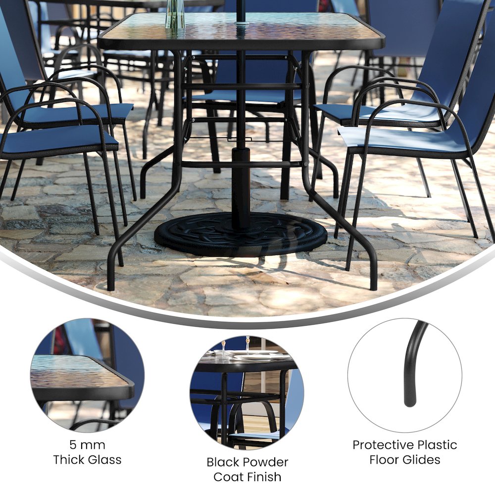 5 Piece Outdoor Patio Dining Set - 55" Patio Table, 4 Navy Stack Chairs. Picture 5