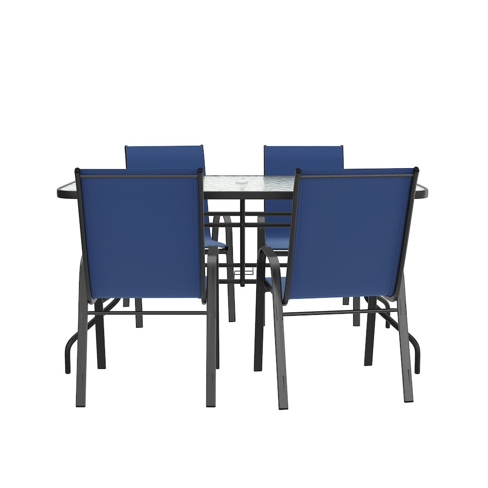 5 Piece Outdoor Patio Dining Set - 55" Patio Table, 4 Navy Stack Chairs. Picture 11
