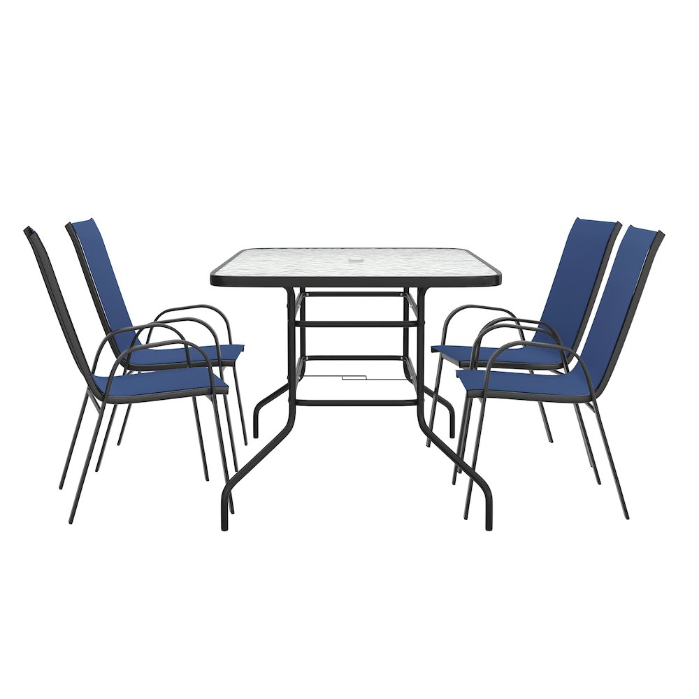 5 Piece Outdoor Patio Dining Set - 55" Patio Table, 4 Navy Stack Chairs. Picture 10