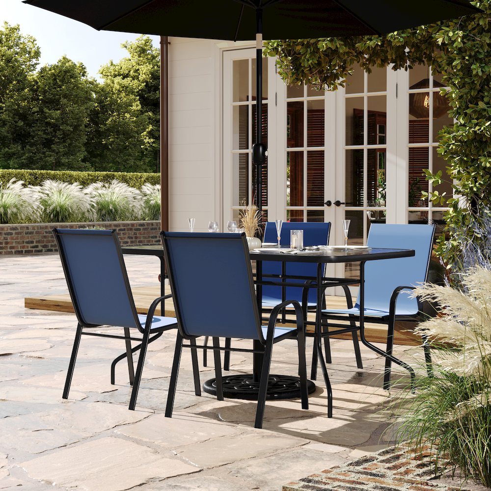 5 Piece Outdoor Patio Dining Set - 55" Patio Table, 4 Navy Stack Chairs. Picture 3