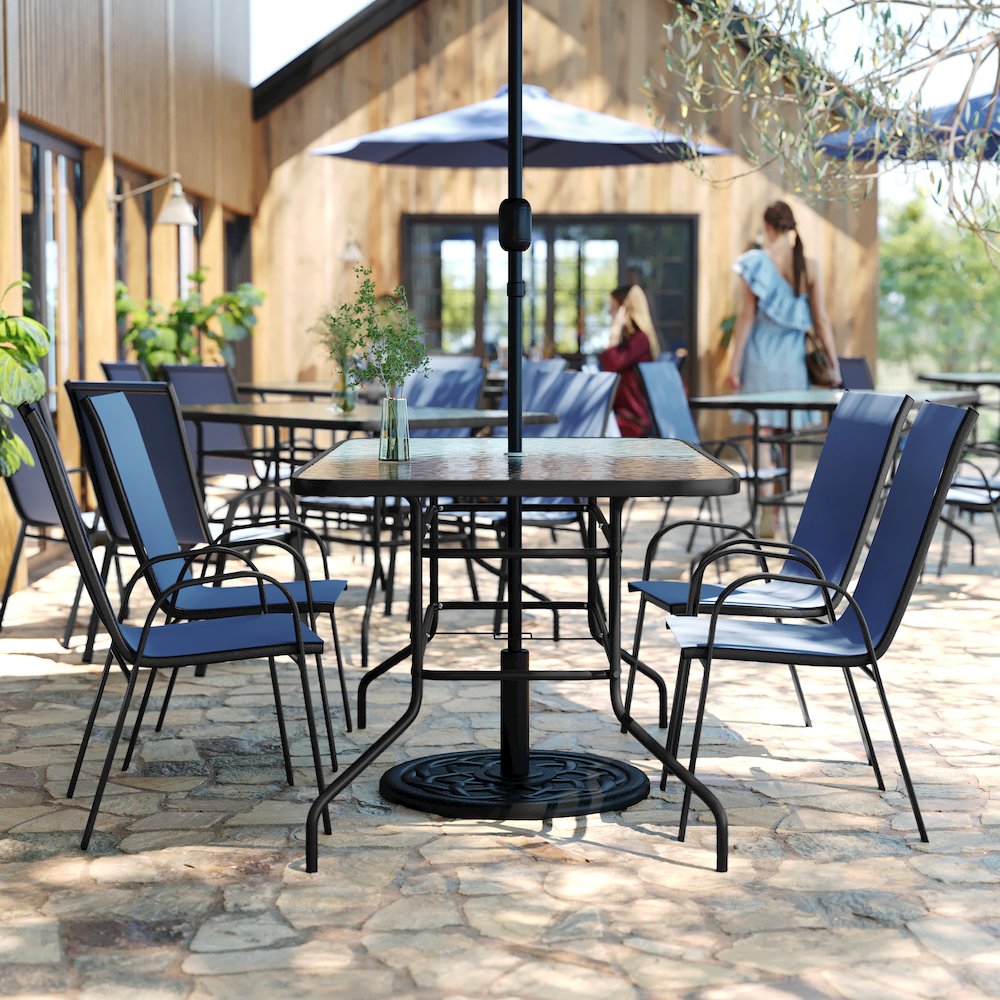 5 Piece Outdoor Patio Dining Set - 55" Patio Table, 4 Navy Stack Chairs. Picture 8