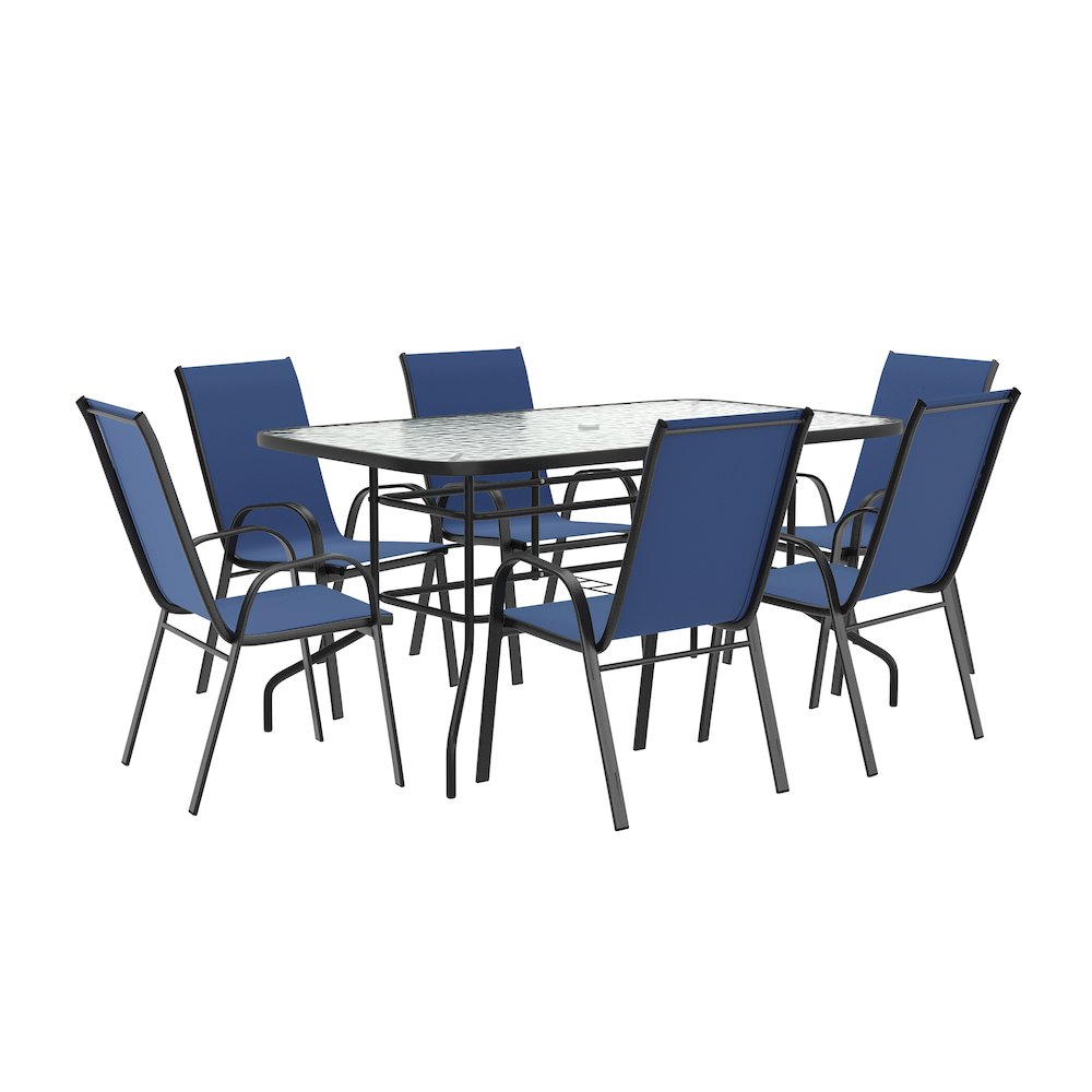 7 Piece Outdoor Patio Dining Set - 55" Patio Table, 6 Navy Stack Chairs. Picture 1