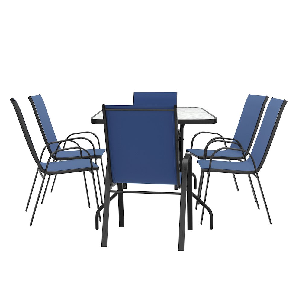 7 Piece Outdoor Patio Dining Set - 55" Patio Table, 6 Navy Stack Chairs. Picture 11