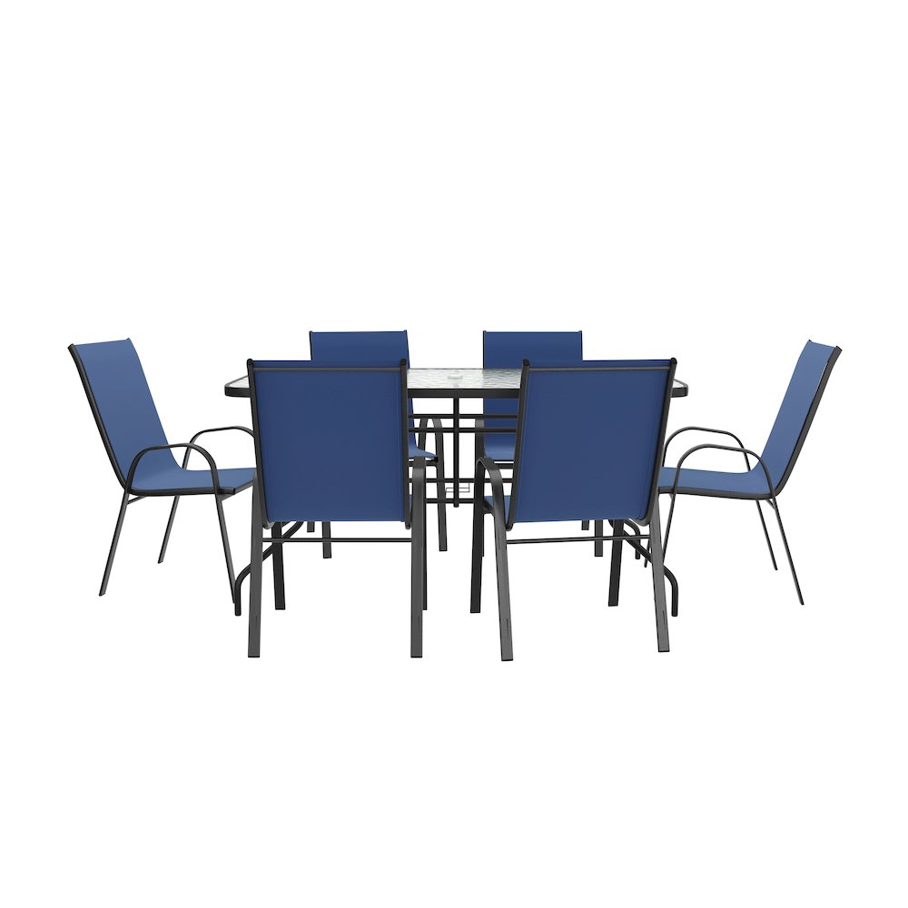 7 Piece Outdoor Patio Dining Set - 55" Patio Table, 6 Navy Stack Chairs. Picture 10
