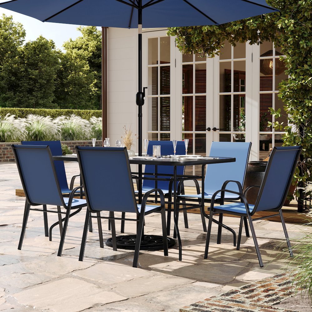 7 Piece Outdoor Patio Dining Set - 55" Patio Table, 6 Navy Stack Chairs. Picture 3