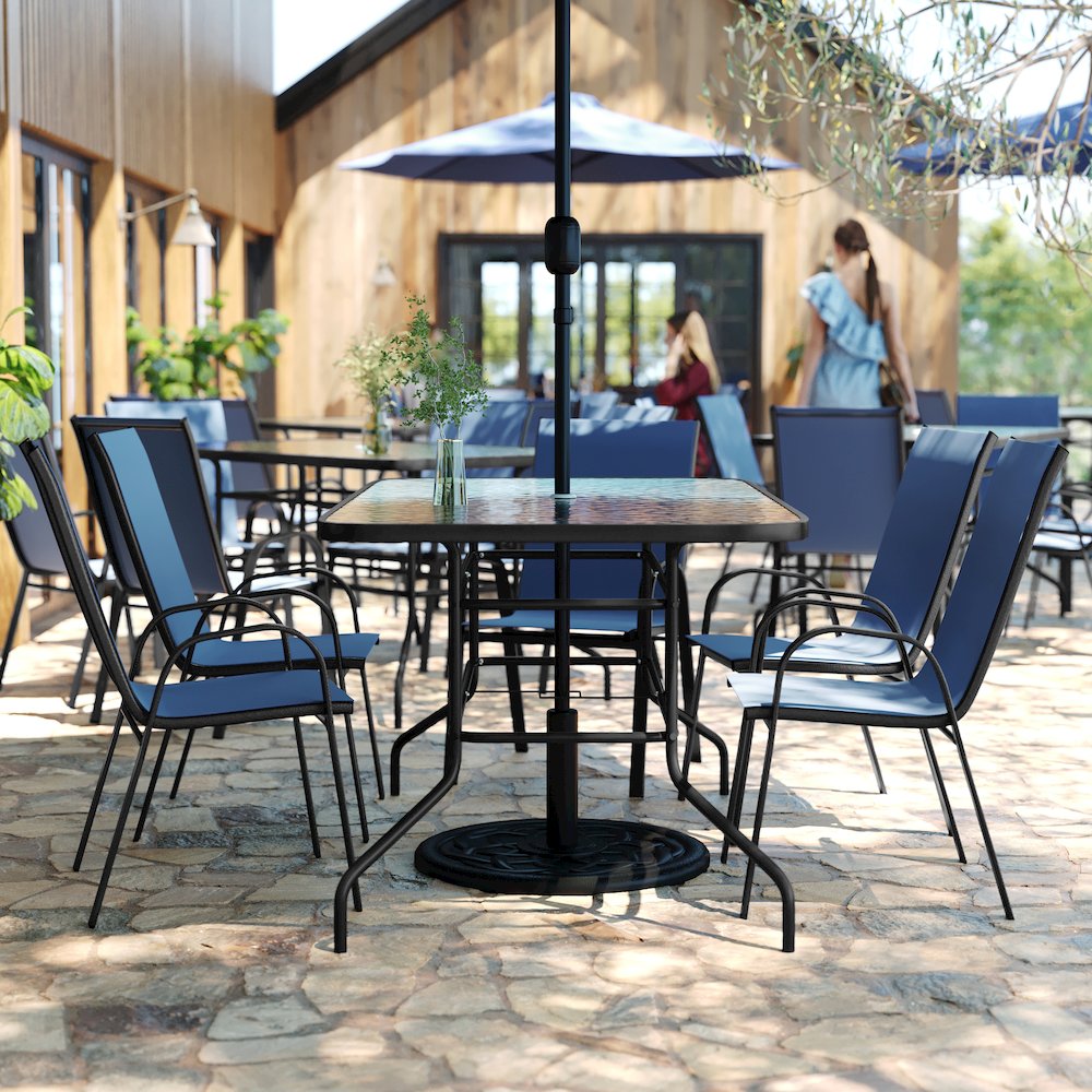 7 Piece Outdoor Patio Dining Set - 55" Patio Table, 6 Navy Stack Chairs. Picture 8