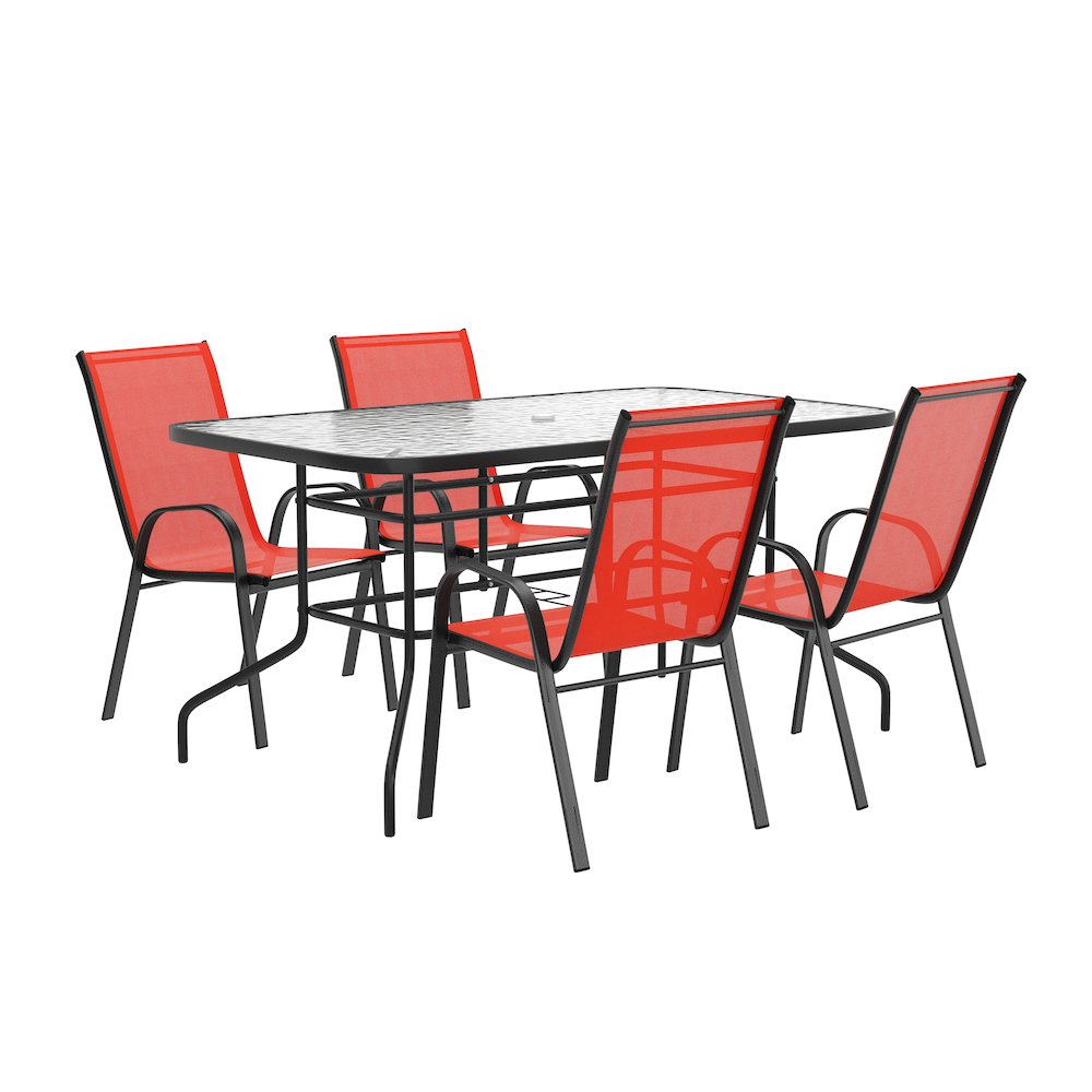 5 Piece Outdoor Patio Dining Set - 55" Patio Table, 4 Red Stack Chairs. Picture 1