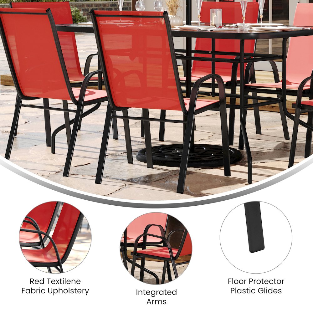 5 Piece Outdoor Patio Dining Set - 55" Patio Table, 4 Red Stack Chairs. Picture 4