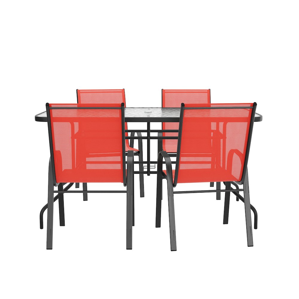 5 Piece Outdoor Patio Dining Set - 55" Patio Table, 4 Red Stack Chairs. Picture 11