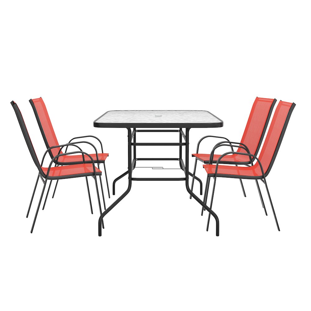 5 Piece Outdoor Patio Dining Set - 55" Patio Table, 4 Red Stack Chairs. Picture 10