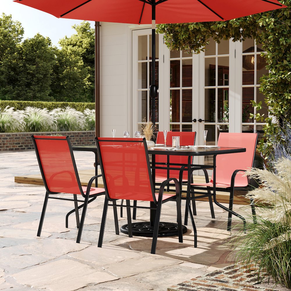 5 Piece Outdoor Patio Dining Set - 55" Patio Table, 4 Red Stack Chairs. Picture 3