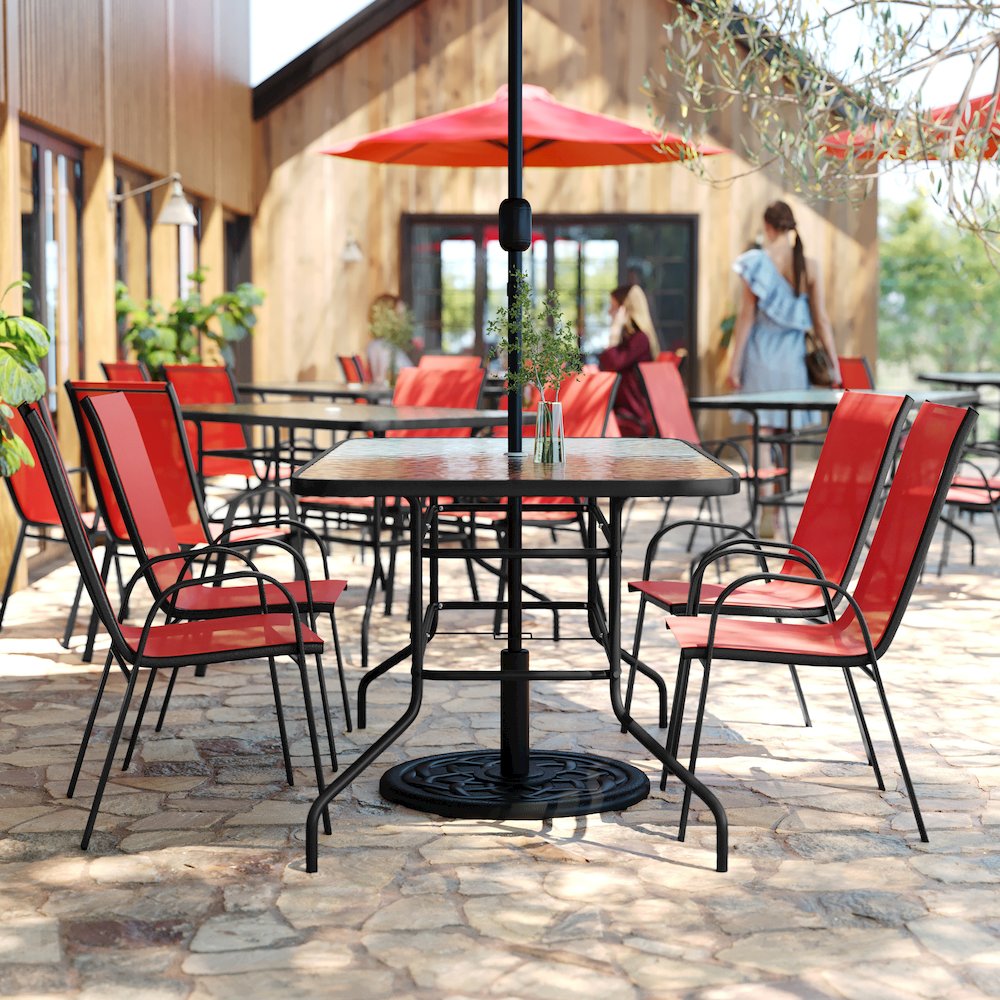 5 Piece Outdoor Patio Dining Set - 55" Patio Table, 4 Red Stack Chairs. Picture 8