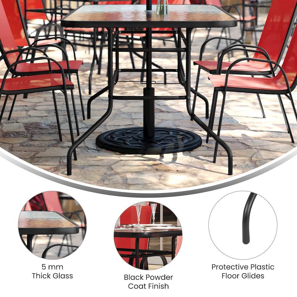 7 Piece Outdoor Patio Dining Set - 55" Patio Table, 6 Red Stack Chairs. Picture 5