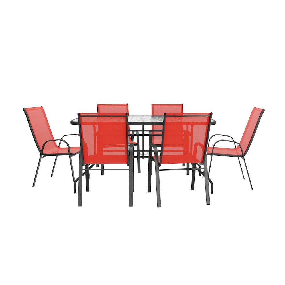 7 Piece Outdoor Patio Dining Set - 55" Patio Table, 6 Red Stack Chairs. Picture 11