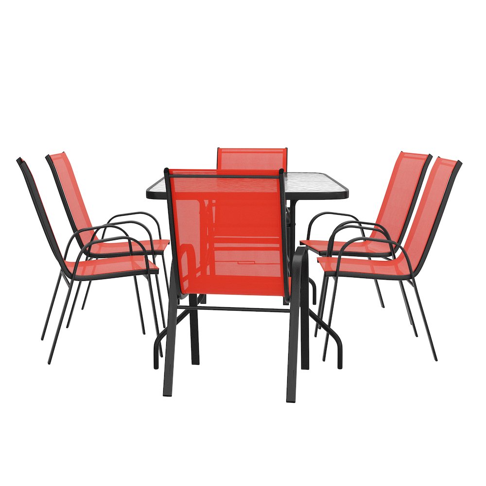 7 Piece Outdoor Patio Dining Set - 55" Patio Table, 6 Red Stack Chairs. Picture 10