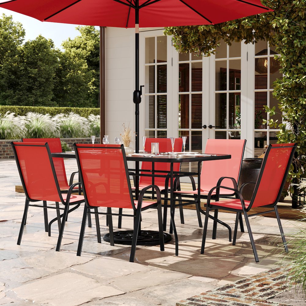 7 Piece Outdoor Patio Dining Set - 55" Patio Table, 6 Red Stack Chairs. Picture 3