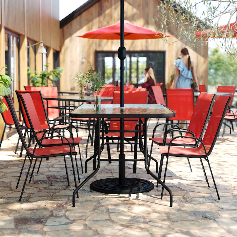 7 Piece Outdoor Patio Dining Set - 55" Patio Table, 6 Red Stack Chairs. Picture 8