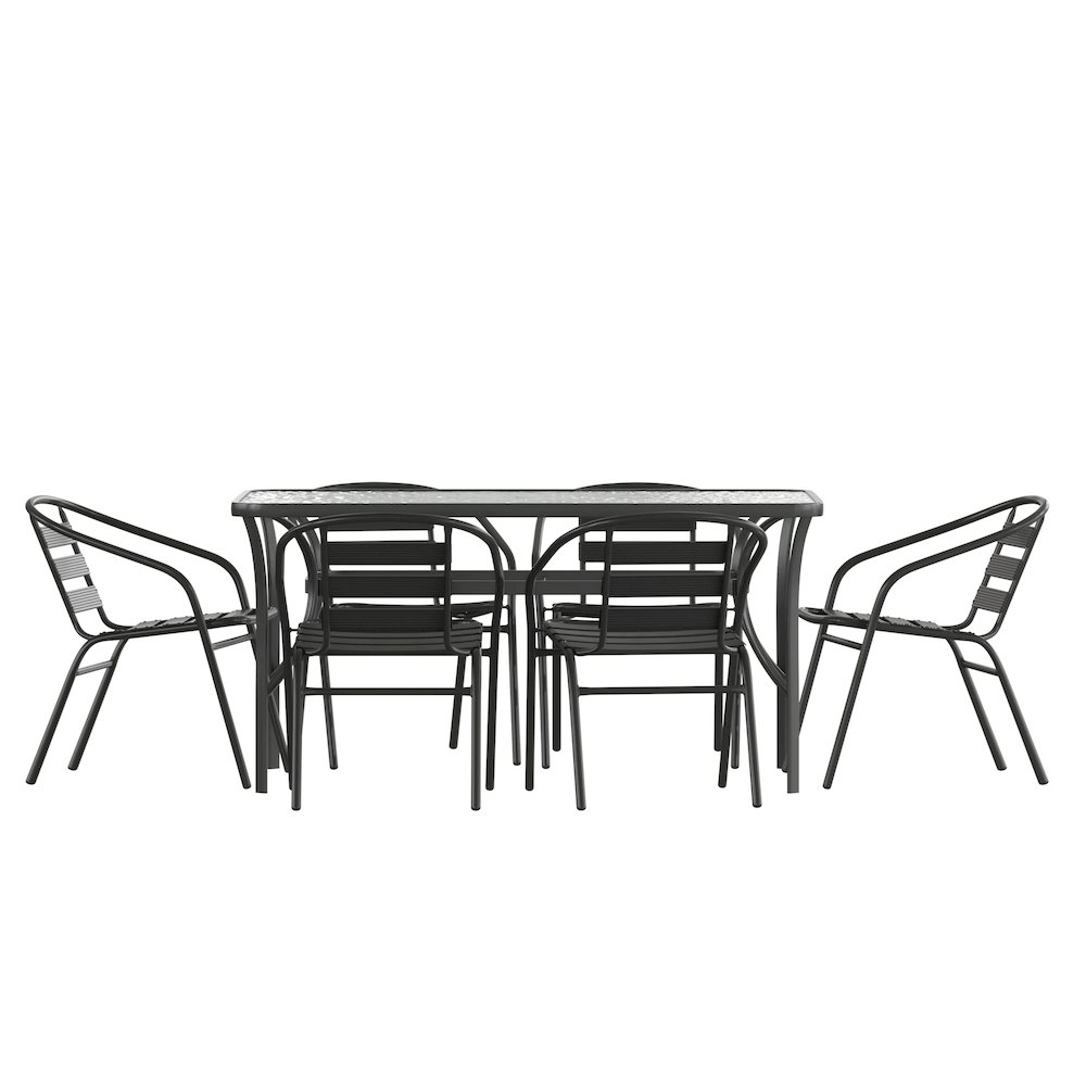 Commercial Grade Outdoor Patio Dining Set With Table and Six Chairs, Black. Picture 1