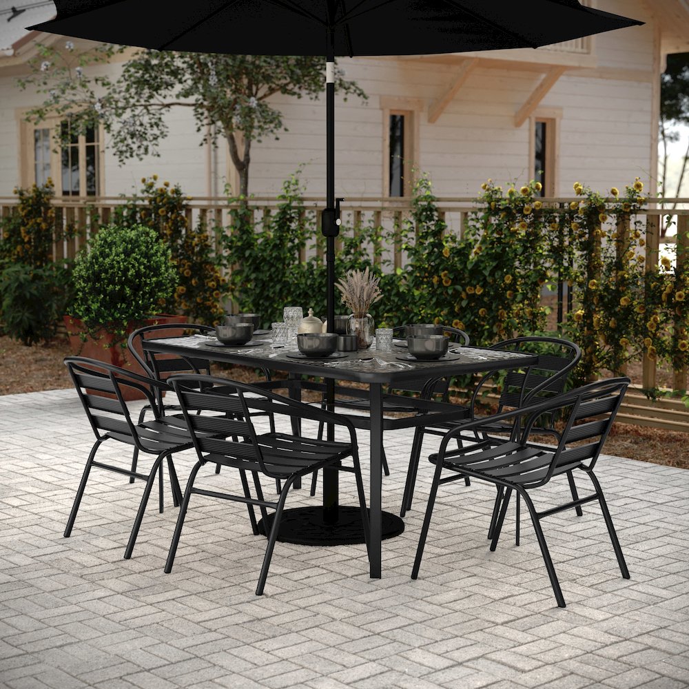 Commercial Grade Outdoor Patio Dining Set With Table and Six Chairs, Black. Picture 3